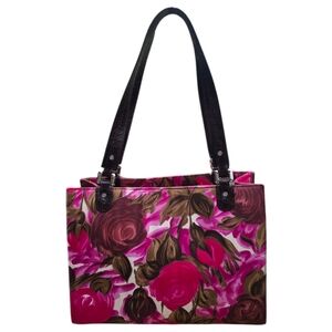 Kate Spade Sam Winter Floral Pink Rose Brown Canvas Shoulder Bag Satchel